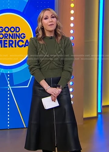 Lori’s green cable knit sweater and leather skirt on Good Morning America