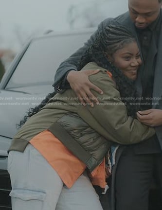 Lynae’s green layered bomber jacket on The Chi