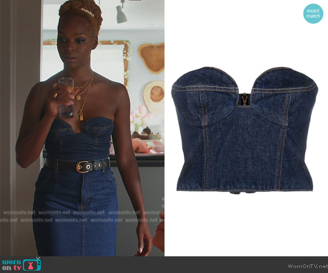 Magda Butrym Strapless cropped denim bustier top worn by Vanessa Johnson (Samantha Marie Ware) on All Rise