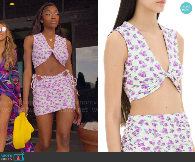 Magda Butrym Floral printed twisted swim top worn by Chelsea Lazkani on Selling Sunset