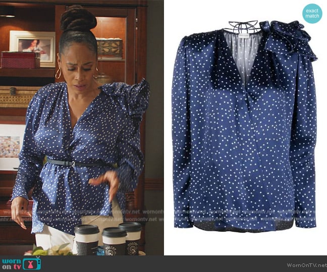 Magda Butrym Polka dot-print tie-neck blouse worn by Lola Carmichael (Simone Missick) on All Rise