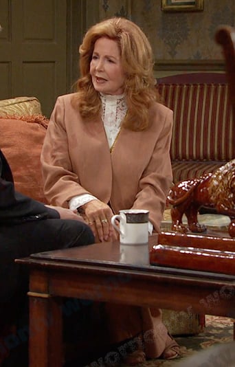 Maggie’s orange collarless blazer jacket and pants on Days of our Lives