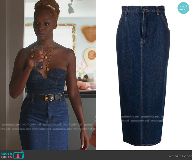 Magda Butrym Tima denim midi skirt worn by Vanessa Johnson (Samantha Marie Ware) on All Rise