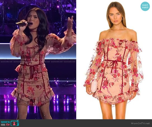 Majorelle Fae Mini Dress in Scarlet Vineyard worn by Kaylee Shimizu on The Voice