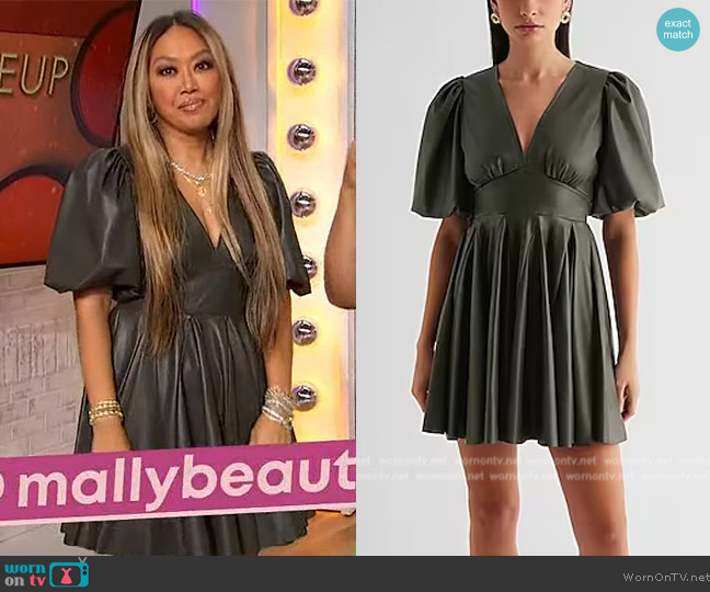 Express Faux Leather V-Neck Puff Sleeve Mini Dress worn by Mally Roncal on Sherri
