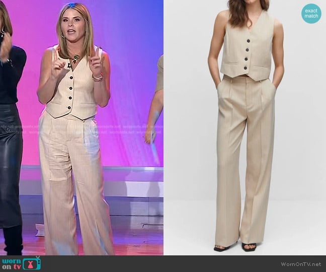 Mango Pinstripe Crop Vest in Light Beige worn by Jenna Bush Hager on Today