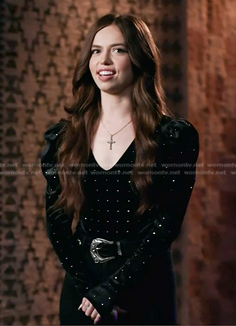 Mara Justine’s black embellished velvet top on The Voice