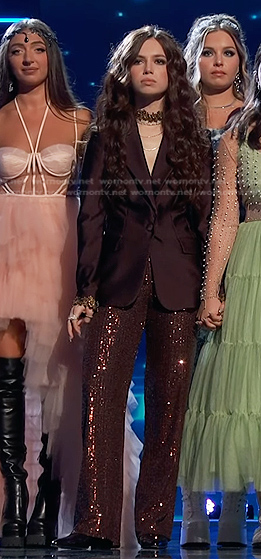 Mara Justine’s brown sequin pants on The Voice