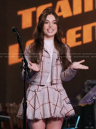 Mara Justine’s plaid tweed jacket and mini skirt on The Voice