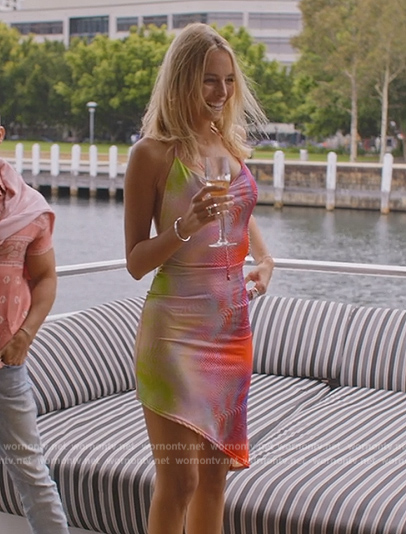 Marie Lou’s tie dye asymmetric dress on Selling Sunset