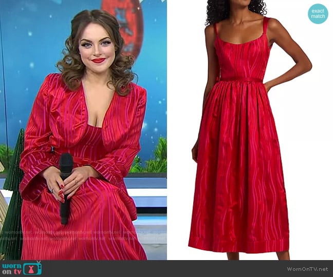 Markarian Apple Wave Print Corset Dress in Apple Pink And Red worn by Elizabeth Gillies on Today
