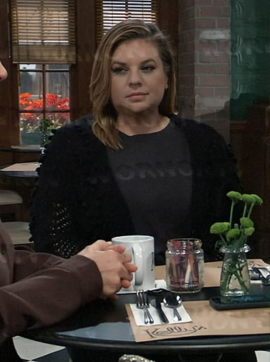 Maxie’s black popcorn knit cardigan on General Hospital