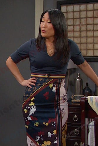 Melinda’s navy floral contrast dress on Days of our Lives
