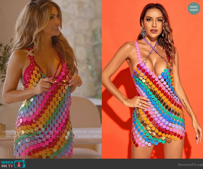 Mew Mews Irene Chainmail Mini Dress in Rainbow worn by Chrishell Stause on Selling Sunset