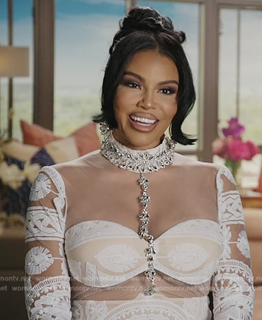 Mia’s white lace confessional dress on The Real Housewives of Potomac