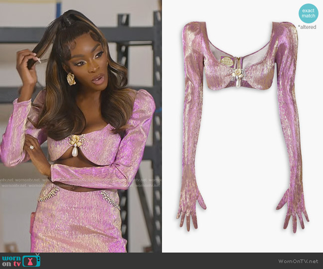 Miss Sohee The Vanguard Crystal-Embellished Lame Top worn by Chelsea Lazkani on Selling Sunset