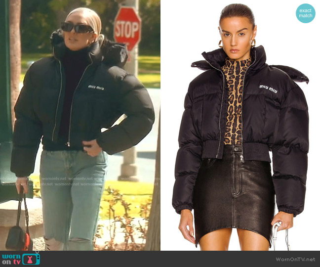 Miu Miu Cropped Nylon Down Jacket in Nero worn by Erika Jayne on The Real Housewives of Beverly Hills