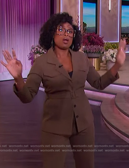 Jennifer’s khaki belted jacket on The Jennifer Hudson Show