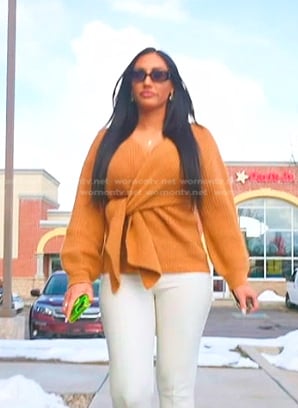 Monica’s camel wrap sweater on The Real Housewives of Salt Lake City