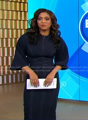 Morgan Norwood’s navy dress with white stitching on Good Morning America