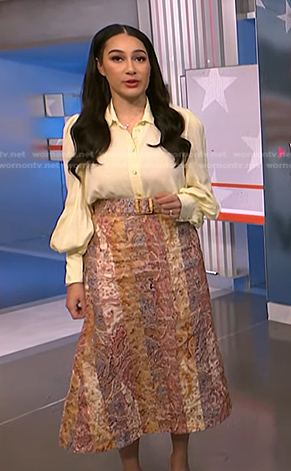 Morgan’s yellow blouse and printed skirt on NBC News Daily