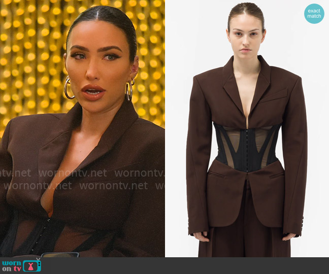 Mugler Heavy Fluid Suit Jacket in Chocolate/Black worn by Bre Tiesi on Selling Sunset