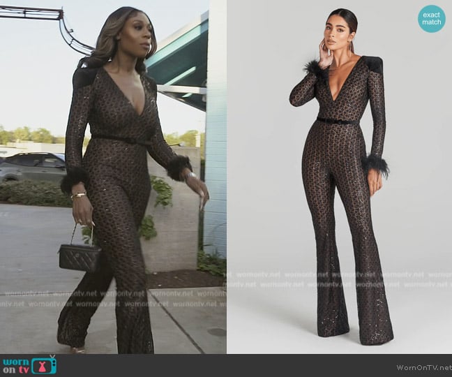 Nadine Merabi Rachel Black Jumpsuit worn by Nneka Ihim on The Real Housewives of Potomac