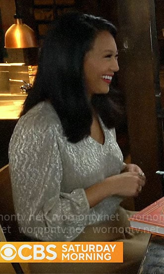 Nancy Chen’s metallic v-neck top on CBS Mornings