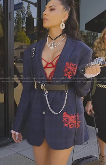 Amanza’s navy plaid oversized blazer on Selling Sunset
