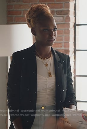 Ness’s black pearl embellished blazer on All Rise