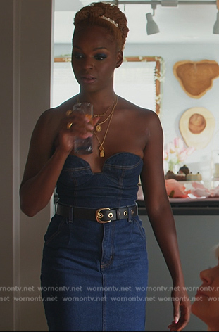 Ness’s denim corset top and skirt on All Rise