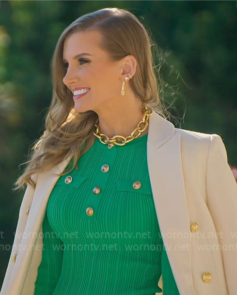 Nicole’s green rib knit dress with gold buttons on Selling Sunset
