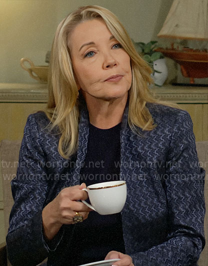 Nikki’s blue patterned jacquard jacket on The Young and the Restless