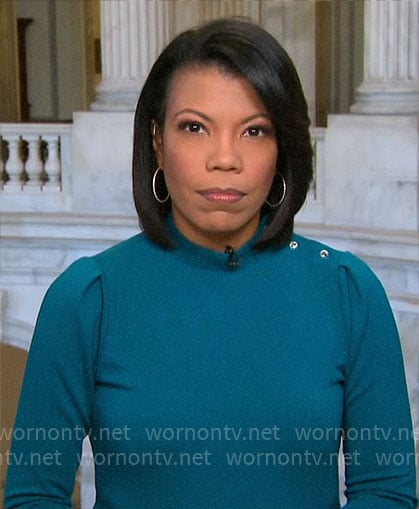 Nikole Killion’s teal buttoned shoulder top on CBS Mornings