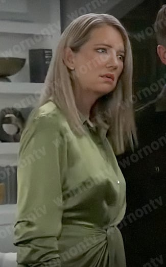Nina’s green satin tie waist shirtdress on General Hospital
