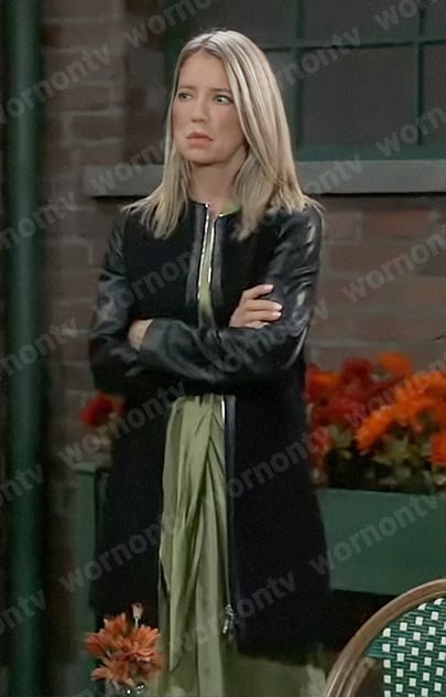 Nina’s black coat with leather sleeves on General Hospital