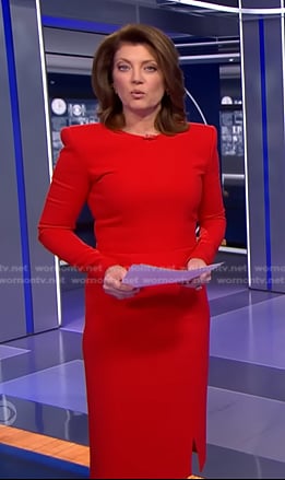 Norah’s red sheath dress on CBS Evening News