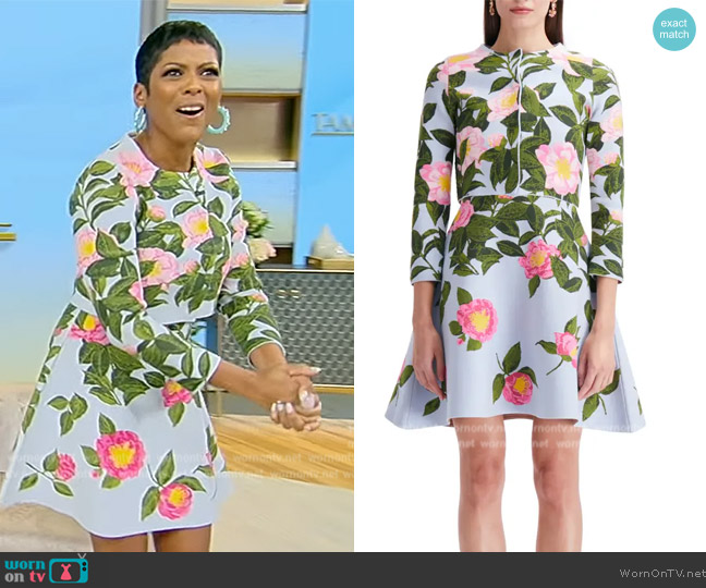 Oscar de la Renta Camellia Jacquard Fit and Flare Knit Sleeveless Dress worn by Tamron Hall on Tamron Hall Show
