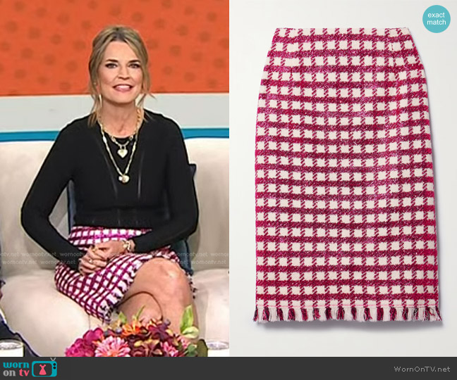 Oscar de la Renta Frayed Checked Metallic Wool-Blend Tweed Skirt worn by Savannah Guthrie on Today