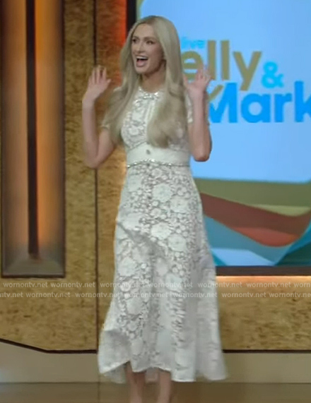 Paris Hilton’s white floral lace dress on Live with Kelly and Mark