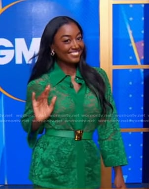 Patina Miller’s green lace shirt and pants on Good Morning America