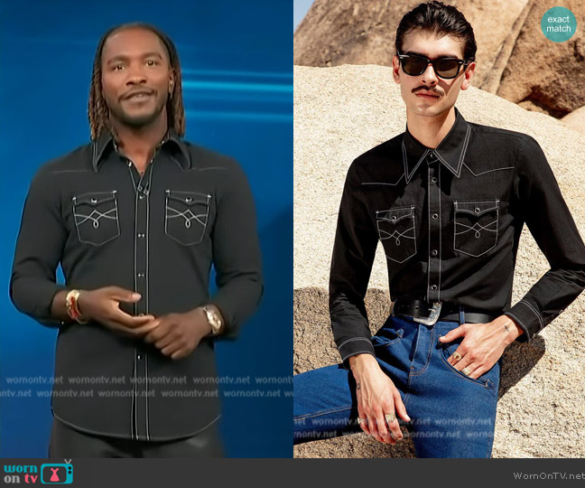 Phix Black Denim 70s Western Shirt worn by Scott Evans on Access Hollywood