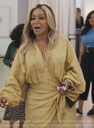 Karen’s yellow linen wrap dress on The Real Housewives of Potomac