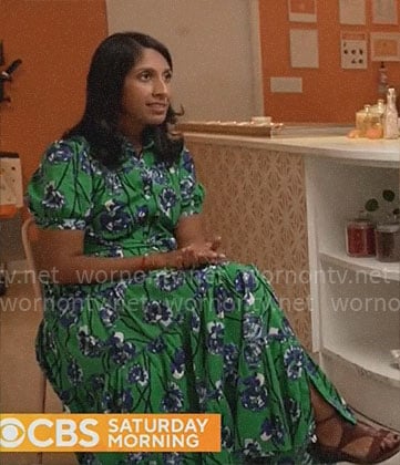 Pooja Bavishi’s green floral midi dress on CBS Mornings