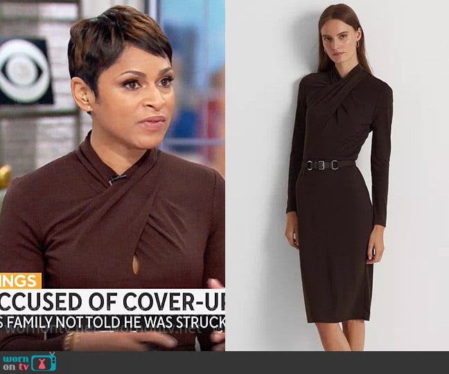 LAUREN Ralph Lauren Belted Mockneck Long-Sleeve Stretch Jersey Dress in Circuit Brown worn by Jericka Duncan on CBS Mornings