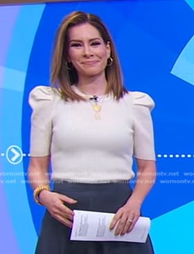 Rebecca’s white ribbed puff sleeve sweater on Good Morning America