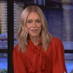Kelly’s red tie neck blouse on Live with Kelly and Mark