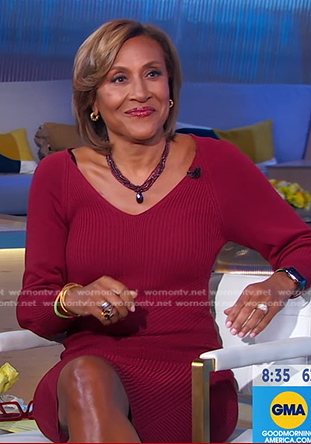 Robin’s burgundy ribbed sweater dress on Good Morning America