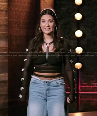 Rudi’s black bow embellished mesh top on The Voice