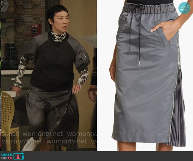 Sacai MA-1 Side Gusset Skirt worn by Stella Bak (Greta Lee) on The Morning Show